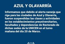 Por alerta naranja suspensión de actividades en Azul y Olavarría